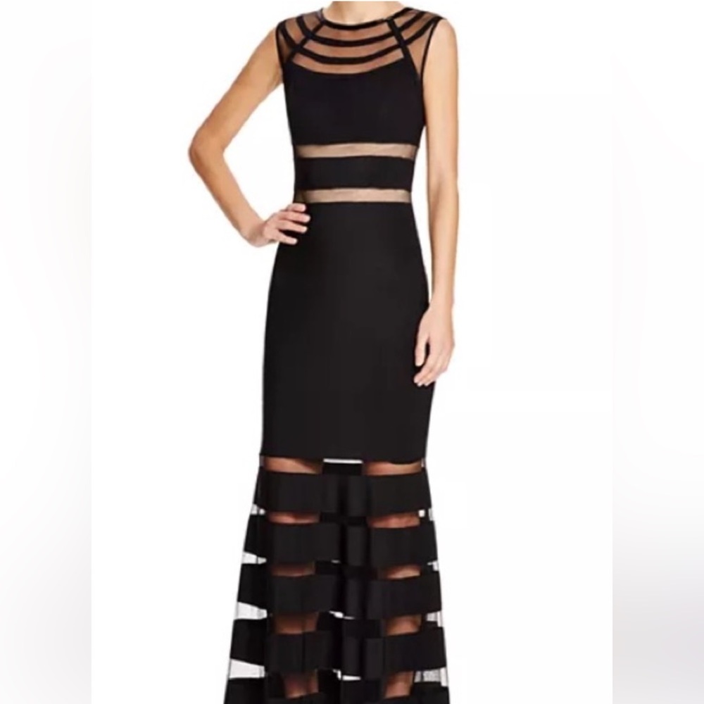 JS Collections Black Illusion Striped Evening Gown | Size 4 | Beaded Neckline